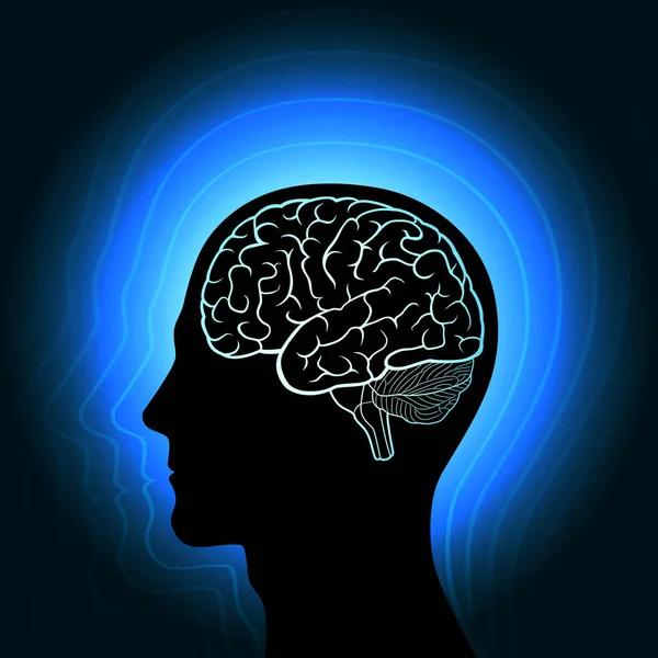 Una testa umana con un profilo luminoso del cervello e che irradia da lei in onde. Silhouette con aura e corpi energetici umani — Vettoriale Stock