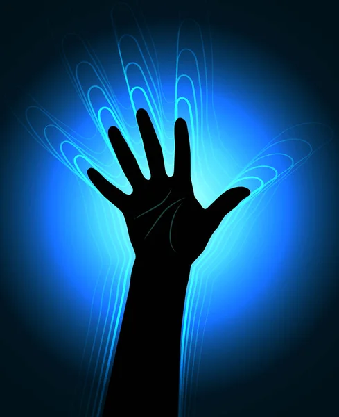 Die Kontur der menschlichen Hand mit den glühenden Wellen, die sie verlassen. Silhouette mit Aura und menschlichen Energiekörpern — Stockvektor