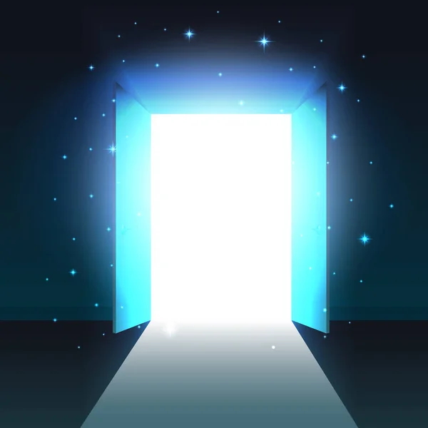 Mystical light from the open door of a dark room, abstract glowing exit, background, open double door template, mock up — Stock Vector