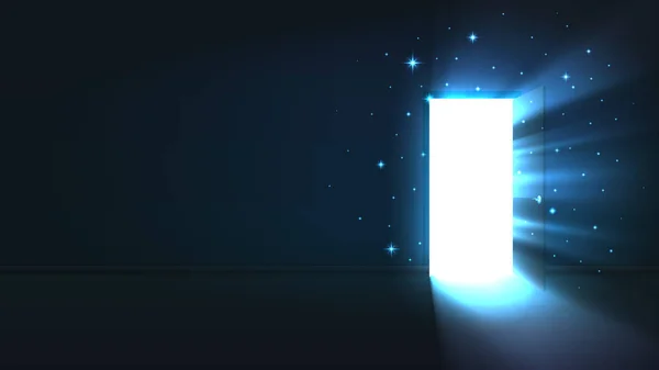 Karanlık bir odanın açık kapısından ışık, soyut mistik parlayan çıkış, keşif, arka plan, açık kapı şablonu, alay