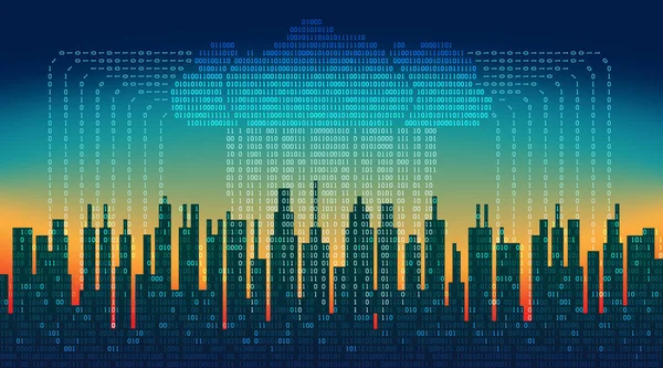 Binaire regen in digitale abstracte stad, de stroom van gegevens met de wolk, high-tech achtergrond. Het concept van Global cloudservice — Stockvector