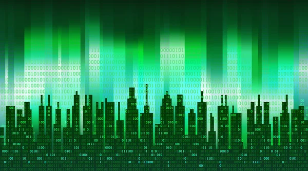 デジタル都市。抽象的なスカイライン、緑のハイテク背景上のクラウド内のバイナリデータ。ビッグデータ — ストックベクタ