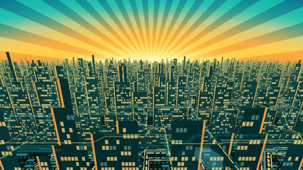 Aerial view of city skyscrapers silhouette with glowing Windows in the background of the shining sky — Stock Photo, Image