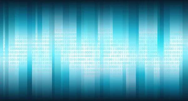 Ciberespacio azul con rayas brillantes verticales y matriz binaria digital, fondo abstracto — Vector de stock