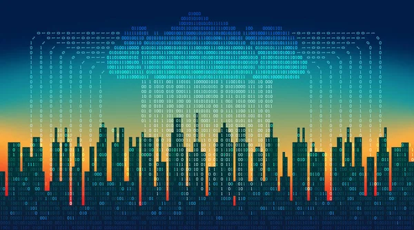 Lluvia binaria en la ciudad digital abstracta, el flujo de datos con la nube, fondo de alta tecnología — Archivo Imágenes Vectoriales