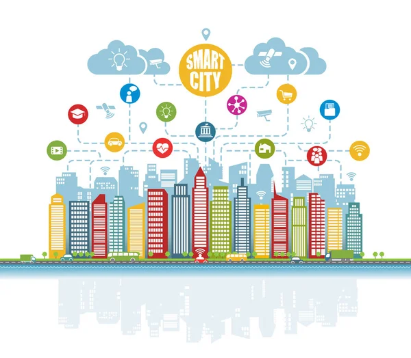 Cidade inteligente com serviços inteligentes avançados, e realidade aumentada, redes sociais, Internet das coisas, ícones —  Vetores de Stock
