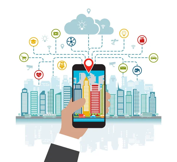 Smartphone in hand helps to focus in a smart city with advanced smart services, and augmented reality, social networking, location in the city — Stock Vector