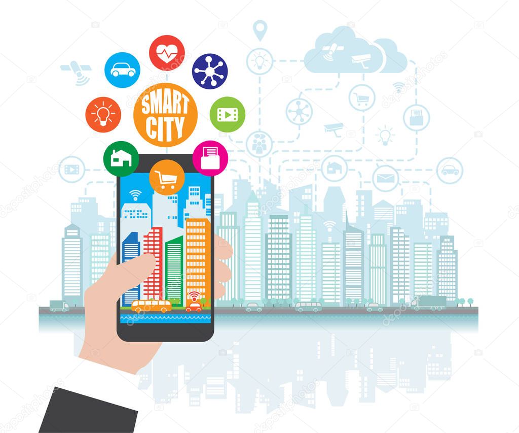 Smartphone in hand helps to focus in a smart city with advanced smart services, and augmented reality, social networking