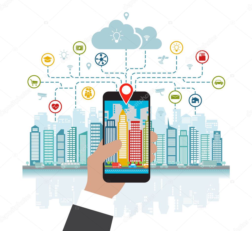 Smartphone in hand helps to focus in a smart city with advanced smart services, and augmented reality, social networking, location in the city