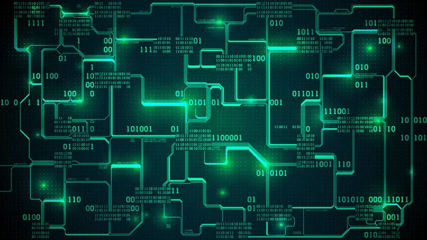 Abstract futuristic electronic circuit board with binary code, neural network and big data - an element of artificial intelligence, matrix background with digits — Stock Vector