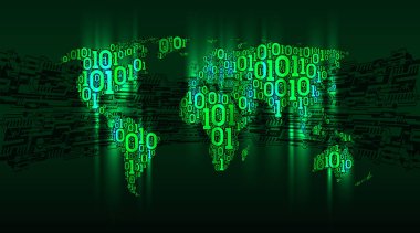 Arka plan soyut baskılı devre kartı, dijital teknoloji kavramı, nesnelerin interneti, büyük veri üzerinde dijital ikili kod kıtaları ile soyut harita dünya
