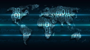Arka plan soyut baskılı devre kartı, ağ teknolojileri kavramı, büyük veri, küresel bulut hizmeti, dijital teknoloji, nesnelerin interneti üzerinde dijital ikili kod kıtaları ile soyut harita dünya