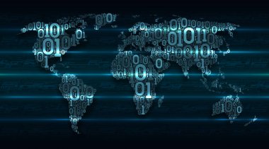 Parlayan işlem hatları, büyük veri kavramı, küresel bulut hizmeti, dijital teknoloji, nesnelerin interneti ile koyu yeşil arka plan üzerinde dijital ikili kod dan kıtalar ile soyut harita dünya