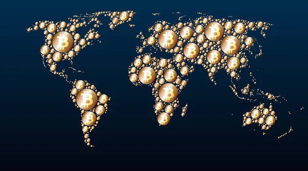 Carte du monde des bitcoins d'or, mines, taux de croissance, distribution — Image vectorielle