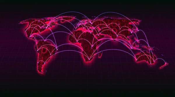 Abstrakcyjna mapa świata z cyfrowego kodu binarnego na tle siatki, globalne transakcje internetowe między miastami i krajami, Blockchain, ilustracja wektorowa — Wektor stockowy