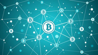 Bitcoin kripto para birimi ve blockchain mavi arka plan