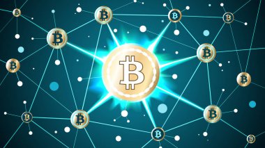 Altın bitcoin kripto para birimi ve blockchain mavi arka plan