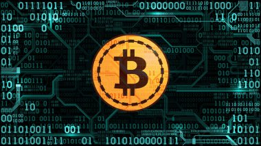 İkili kod ve baskılı devre kartı nın arka planında kripto para birimi bitcoin sembolü