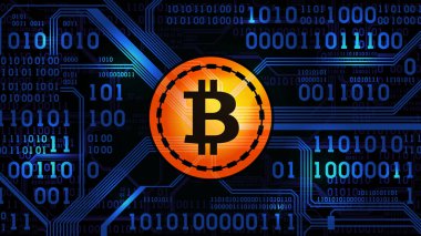 İkili kod ve baskılı devre kartı nın arka planında kripto para birimi bitcoin sembolü
