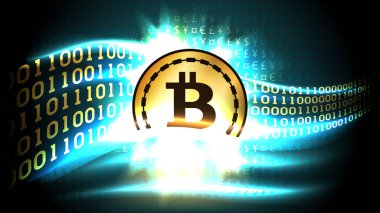 Kripto para birimi bitcoin'in altın sembolü ikili kod için döviz işaretleri değiş tokuşu
