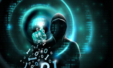 Bir başlık ile bilgisayar korsanı dokunmatik ekran ikili kod dokunur. Soyut ikili karanlık arka plan hacker siluetışık dalgaları. Bilgisayar sistemi, veritabanı sunucusu, veri hırsızlığı, vektör hackleme