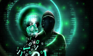 Bir başlık ile bilgisayar korsanı dokunmatik ekran ikili kod dokunur. Soyut ikili karanlık arka plan hacker siluetışık dalgaları. Bilgisayar sistemi, veritabanı sunucusu, veri hırsızlığı, vektör hackleme