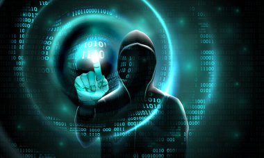 Bir başlık ile bilgisayar korsanı dokunmatik ekran ikili kod dokunur. Soyut ikili yazılım karanlık arka plan hacker siluet ışık dalgaları. Bilgisayar sistemi, veritabanı, veri hırsızlığı, vektör hackleme