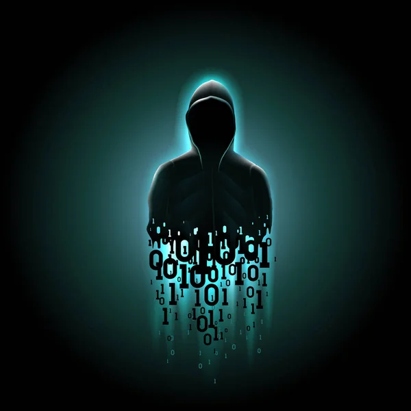 빛나는 파란색 배경에 바이너리 코드가있는 후드에 해커의 실루엣, 컴퓨터 시스템의 해킹, 데이터 도난 — 스톡 벡터