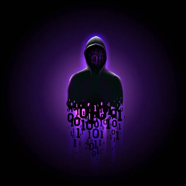 Silhouette di un hacker in un cofano con codice binario su uno sfondo viola luminoso, hacking di un sistema informatico, furto di dati — Vettoriale Stock