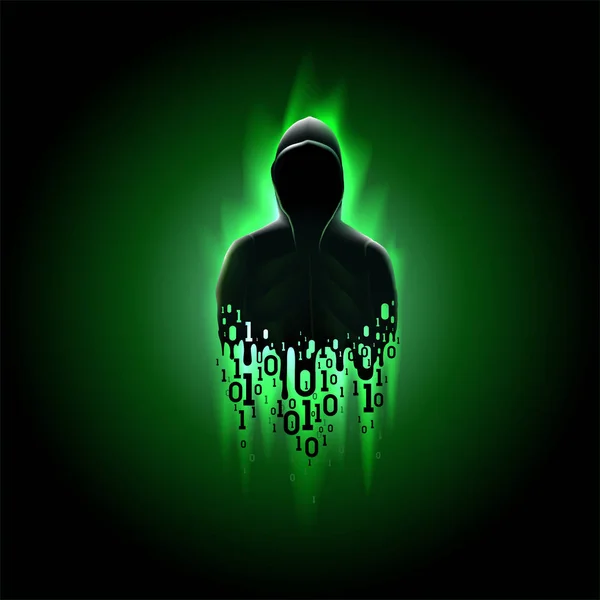 Silhouette eines Hackers in einer Kapuze mit Binärcode auf leuchtend grünem Hintergrund, Hacken eines Computersystems, Datenklau — Stockvektor