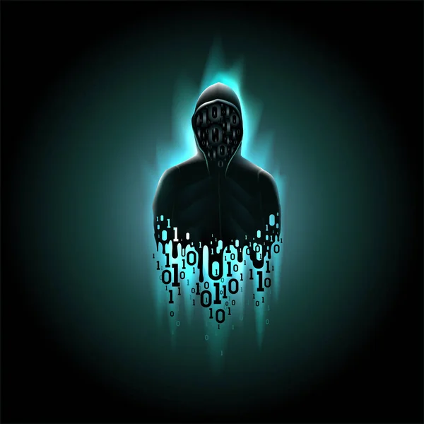 Silhouette of a hacker in a hood with binary code on a luminous blue background, hacking of a computer system, theft of data — Stock Vector