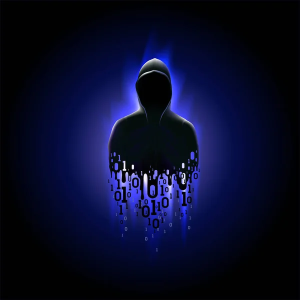 Silhouette di un hacker in un cofano con codice binario su uno sfondo blu scuro luminoso, hacking di un sistema informatico, furto di dati — Vettoriale Stock