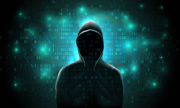 Silueta de un hacker en un fondo con código binario y luces, piratería de un sistema informático, robo de datos — Vector de stock