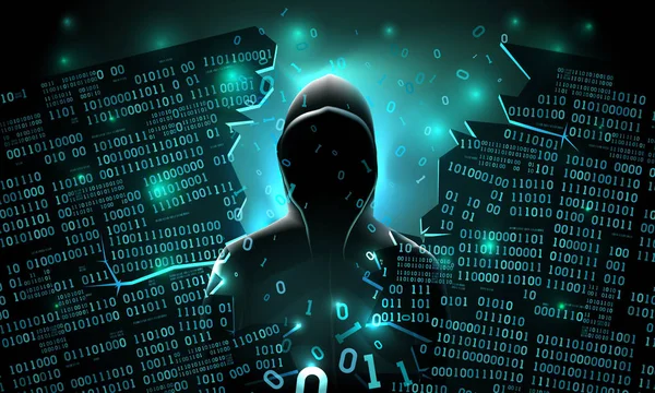 Hacker utilizando el servidor informático abstracto pirateado por Internet, base de datos, almacenamiento de red, firewall, cuenta de red social, robo de datos — Archivo Imágenes Vectoriales