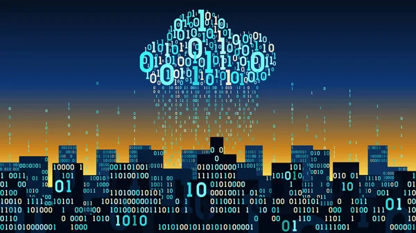 Nesnelerin Interneti ve yapay zeka ile soyut fütüristik akıllı şehir, büyük veri bulut depolama bağlı, ikili yağmur - veri akışı, ağ dijital teknoloji konsepti