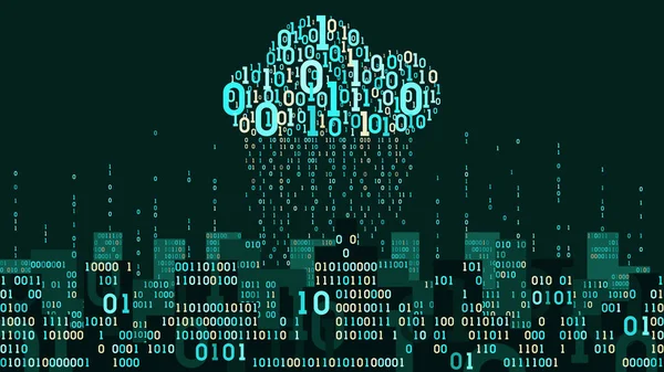 Αφηρημένη φουτουριστική έξυπνη πόλη με το Διαδίκτυο των πραγμάτων και τεχνητή νοημοσύνη, που συνδέονται με την αποθήκευση σύννεφο των μεγάλων δεδομένων, δυαδική ροή δεδομένων βροχής, έννοια του δικτύου ψηφιακή τεχνολογία — Διανυσματικό Αρχείο