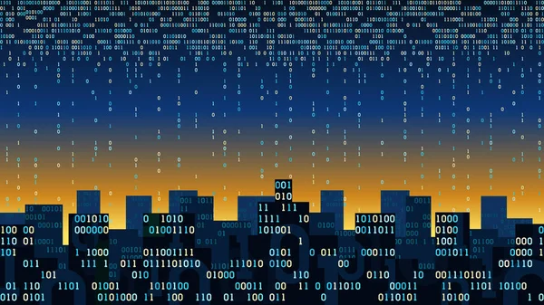 人工知能とモノのインターネット、ビッグデータ、クラウドストレージに接続されたスマートシティ、バイナリフローを持つ抽象的な未来都市 - データストリーム、ネットワークデジタル技術の概念 — ストックベクタ