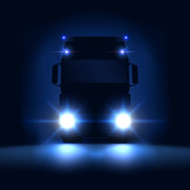 Parlak farlar ve karanlık gece arka plan, ön görünüm, vektör illüstrasyon üzerinde yarı sürme ile Gece silueti büyük yarı kamyon