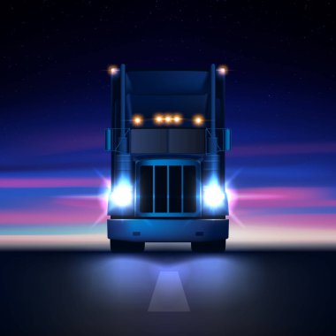 Gece büyük klasik büyük teçhizat yarı kamyon farlar ve kuru van yarı renkli yıldızlı gökyüzü arka plan ön görünümünde gece yolda karanlıkta sürme, vektör illüstrasyon