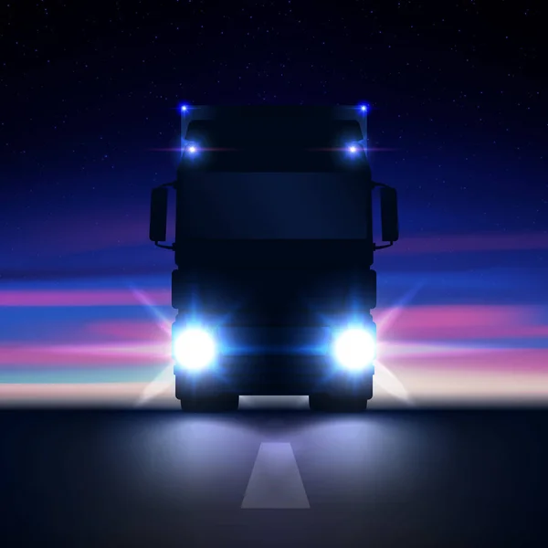 Silhueta noturna grande semi-caminhão com faróis brilhantes e semi-equitação no escuro na estrada noturna no colorido céu estrelado vista frontal, ilustração vetorial — Vetor de Stock
