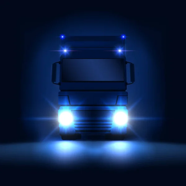 Parlak farlar ve kuru van yarı karanlık gece arka plan ön görünüm, vektör illüstrasyon sürme ile Gece büyük yarı kamyon