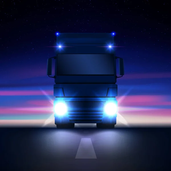 Nacht großen Sattelschlepper mit hellen Scheinwerfern und trockenen Van semi fahren in der Dunkelheit auf der Nacht Straße auf bunten Sternenhimmel Hintergrundansicht, Vektor-Illustration — Stockvektor