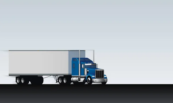 Camion cavalca sulla strada astratta. Classico camion semirimorchio grande con furgone asciutto su sfondo bianco chiaro, illustrazione vettoriale — Vettoriale Stock