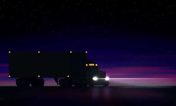 Noite grande clássico big rig semi caminhão com faróis e seco van semi equitação no escuro na estrada da noite no colorido céu estrelado fundo, ilustração vetorial — Vetor de Stock