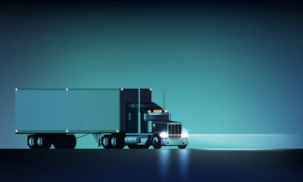 Noite grande clássico big rig semi caminhão com faróis e seco van semi equitação no fundo da noite, ilustração vetorial — Vetor de Stock