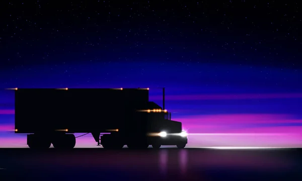 Camion in marcia sull'autostrada di notte. Classico camion semirimorchio grande con fari e furgone asciutto al buio sulla strada notturna su sfondo cielo stellato luminoso, illustrazione vettoriale — Vettoriale Stock