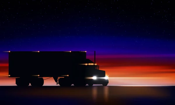 Il camion si muove sull'autostrada di notte. Classico camion semirimorchio grande con fari e furgone asciutto al buio sulla strada notturna su sfondo colorato cielo stellato, illustrazione vettoriale — Vettoriale Stock