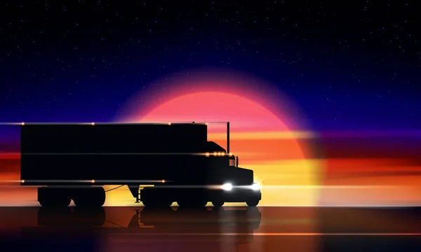 O camião move-se na estrada ao pôr-do-sol. Camião grande clássico semi-caminhão com faróis e van seca no escuro na estrada noturna no fundo de um pôr do sol colorido e céu estrelado, ilustração vetorial — Vetor de Stock