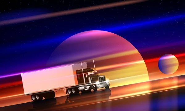 트럭은 공간에서 고속도로에 타고. 별이 빛나는 하늘의 다채로운 우주 배경에 밤 도로에 드라이 밴과 고전적인 큰 장비 세미 트럭. 행성 간 성간 우주 수송, 벡터 일러스트레이션 — 스톡 벡터