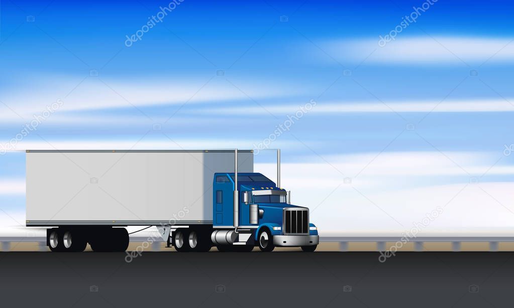 Truck rides on the highway. Classic big rig semi truck with dry van on the road, vector illustration